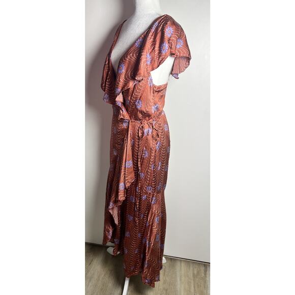 Anthropologie Ruffle Sleeve Printed Wrap Maxi Silky Dress Medium Brown Copper - Picture 8 of 13